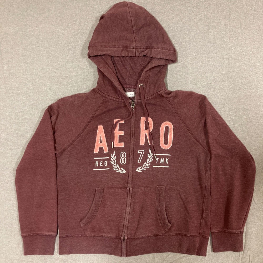 Aeropostale Womens Burgundy AERO 87 Graphic Full Zip Hoodie Sweatshirt Large